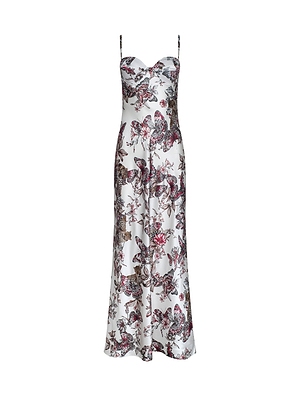 The Sayla Silk Gown is an event-ready, white ankle-length silk dress with thin spaghetti straps, a fitted bodice, and a vibrant floral and butterfly jungle print.