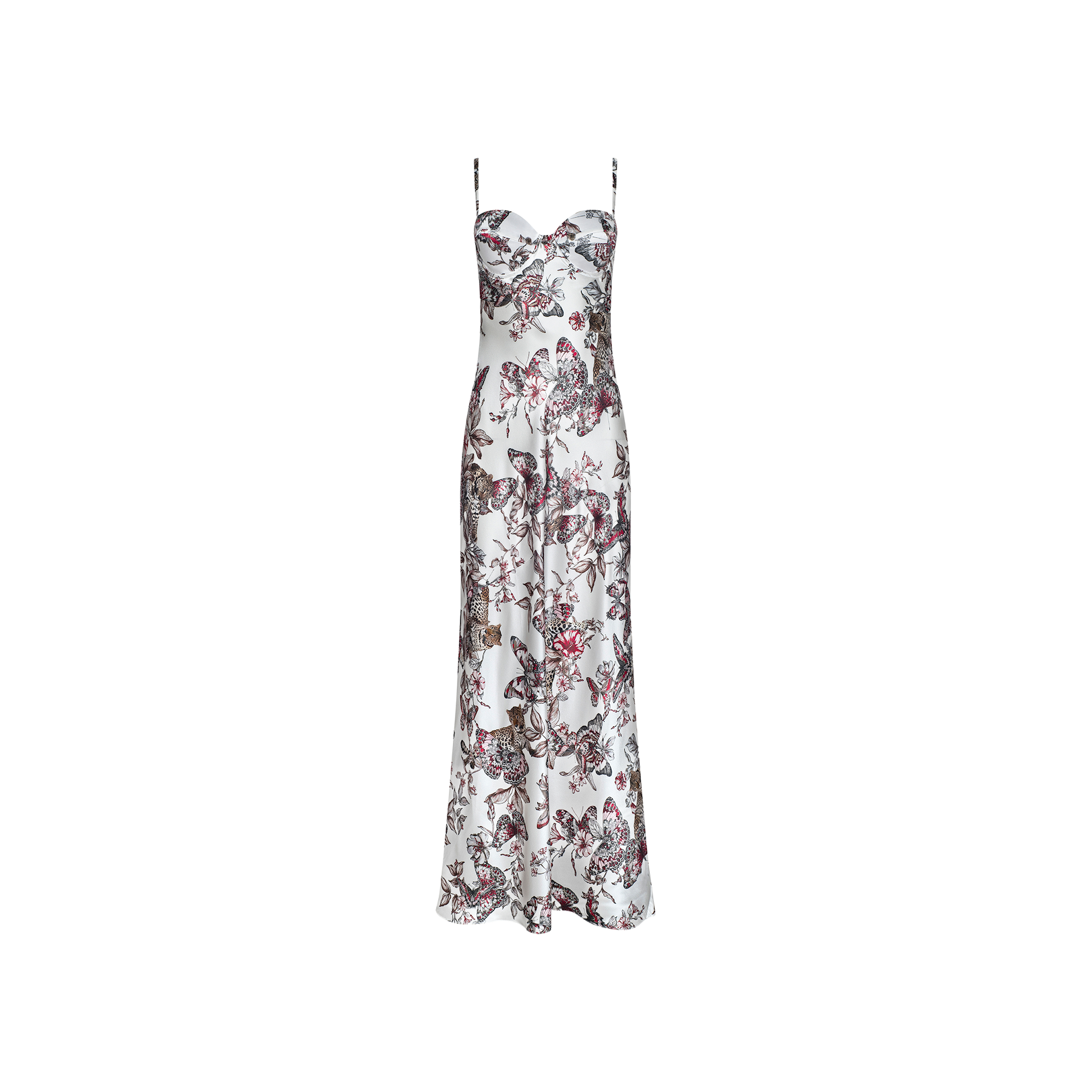 The Sayla Silk Gown is a long spaghetti strap dress with a fitted bodice and flowing skirt, showcasing a white base embellished with an intricate butterfly jungle print in shades of pink, red, and brown—an event-ready design perfect for making a statement.