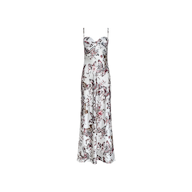 The Sayla Silk Gown is a long spaghetti strap dress with a fitted bodice and flowing skirt, showcasing a white base embellished with an intricate butterfly jungle print in shades of pink, red, and brown—an event-ready design perfect for making a statement.