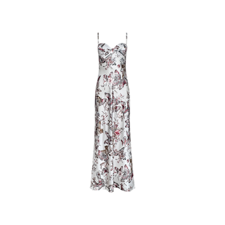 The Sayla Silk Gown is a long spaghetti strap dress with a fitted bodice and flowing skirt, showcasing a white base embellished with an intricate butterfly jungle print in shades of pink, red, and brown—an event-ready design perfect for making a statement.