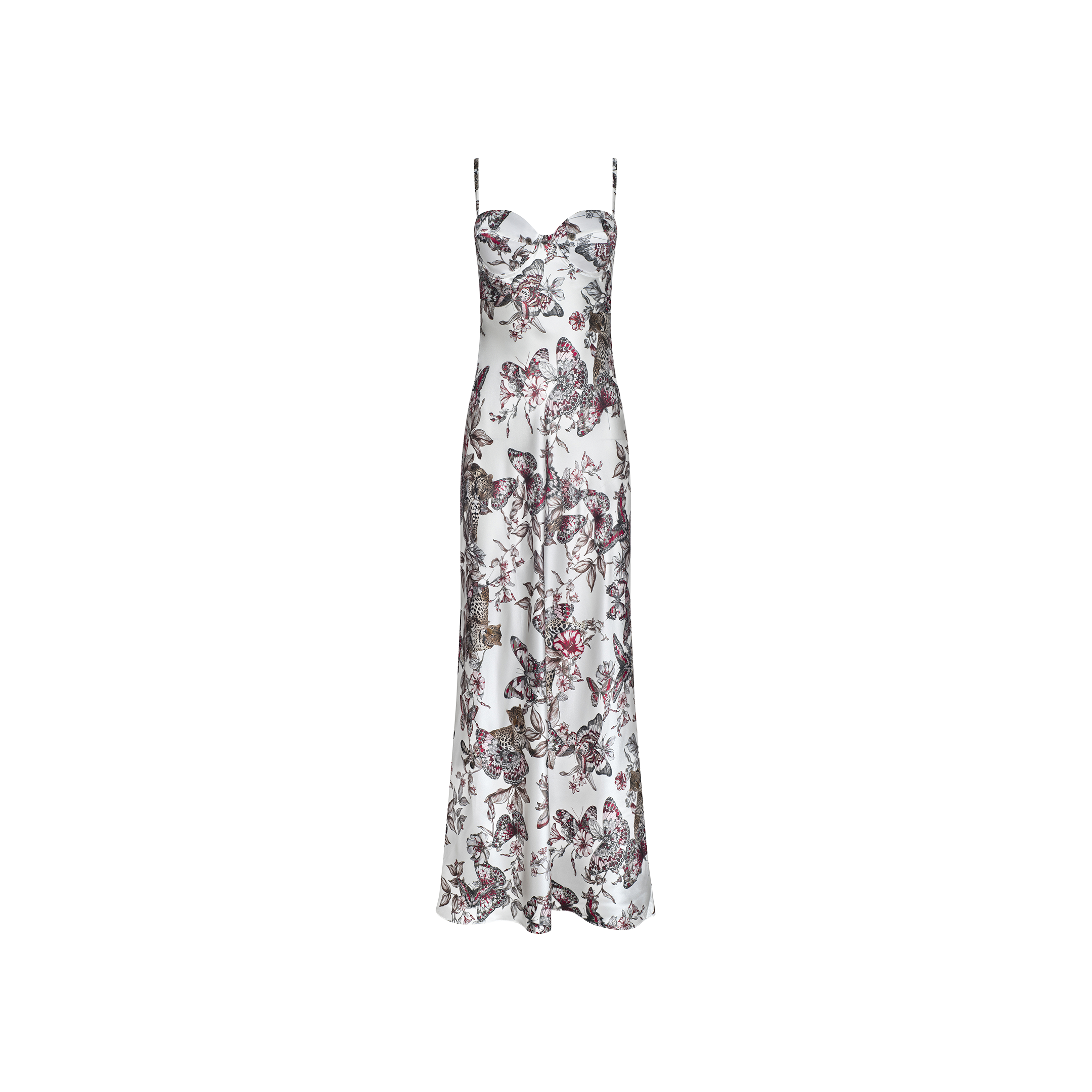 The Sayla Silk Gown is a long spaghetti strap dress with a fitted bodice and flowing skirt, showcasing a white base embellished with an intricate butterfly jungle print in shades of pink, red, and brown—an event-ready design perfect for making a statement.
