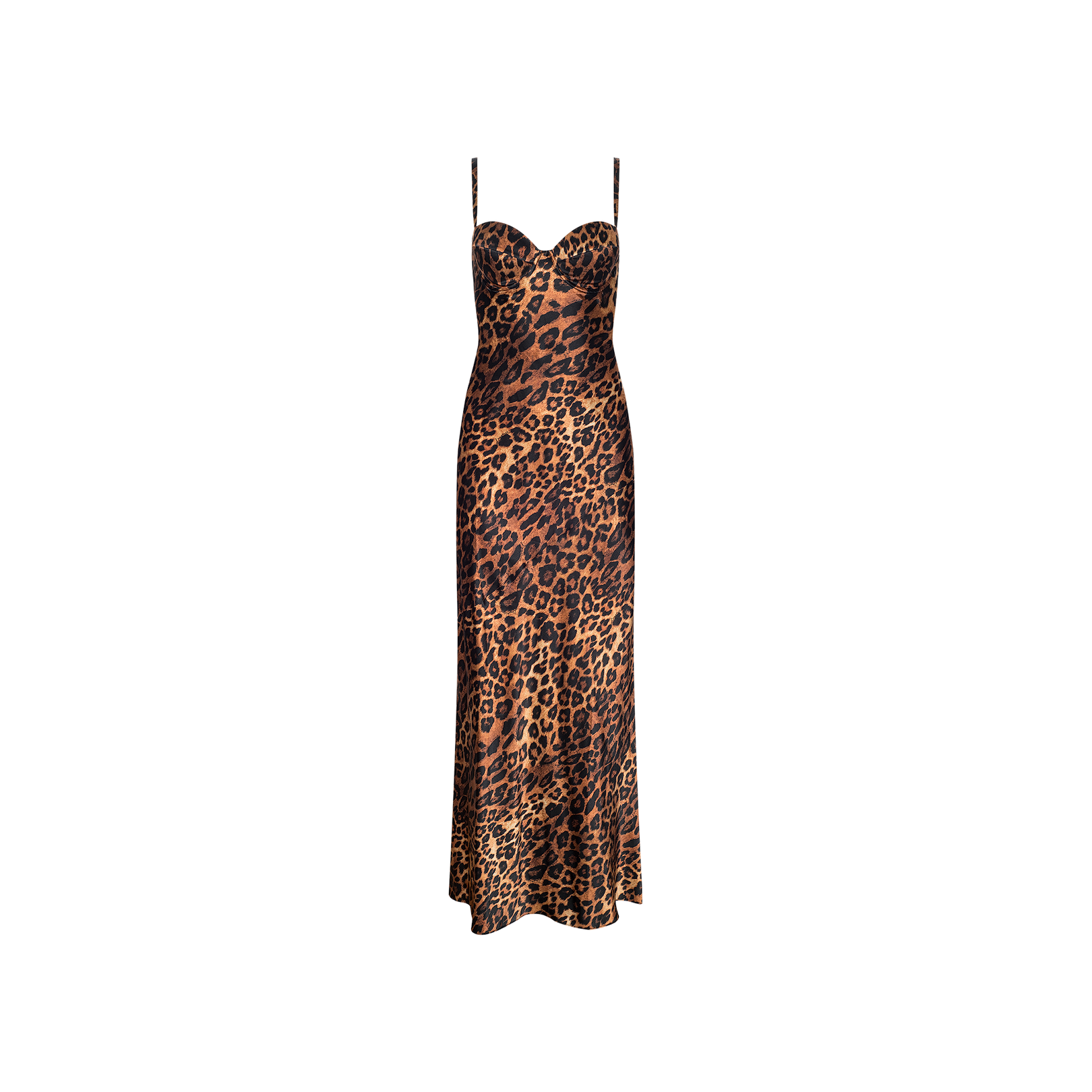 The Sayla Silk Gown is a sleeveless, ankle-length gown crafted from silk, designed with thin straps, a fitted bodice, and an event-ready brown and black leopard print pattern.