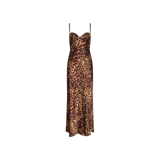 The Sayla Silk Gown is a sleeveless, ankle-length gown crafted from silk, designed with thin straps, a fitted bodice, and an event-ready brown and black leopard print pattern.