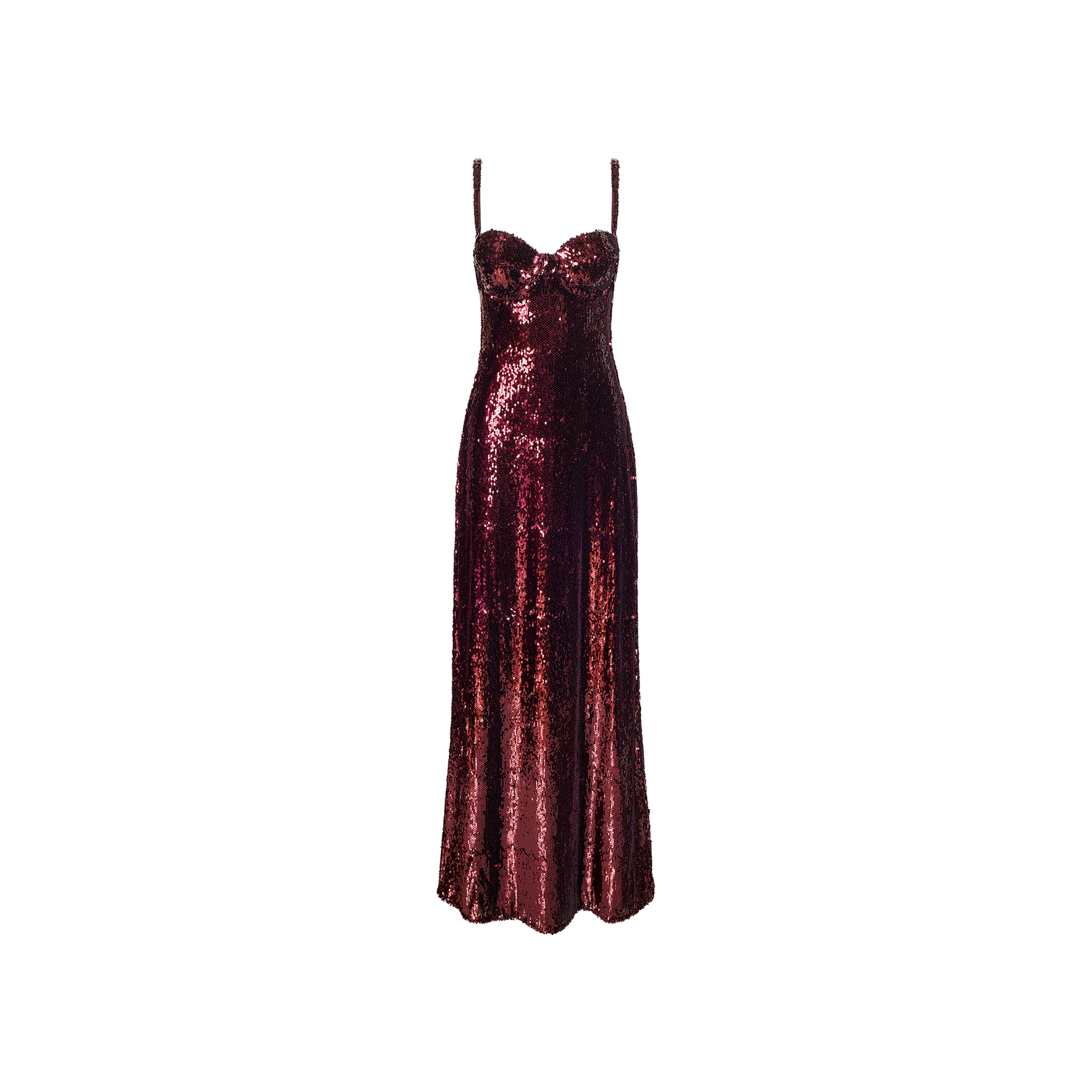 The Sayla Sequin Gown, a sleeveless burgundy dress featuring thin straps, shimmering sequins, and a fitted bodice, exudes vintage glamour and is the perfect event-ready look, beautifully displayed on a white background.