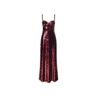 The Sayla Sequin Gown, a sleeveless burgundy dress featuring thin straps, a fitted bodice, and shimmering sequins, is displayed on a plain white background and exudes timeless vintage glamour.