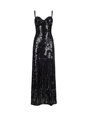 The Sayla Sequin Gown is a long, sleeveless black dress with thin straps, a fitted bodice, and a slightly flared skirt—an event-ready style shown on a white background.