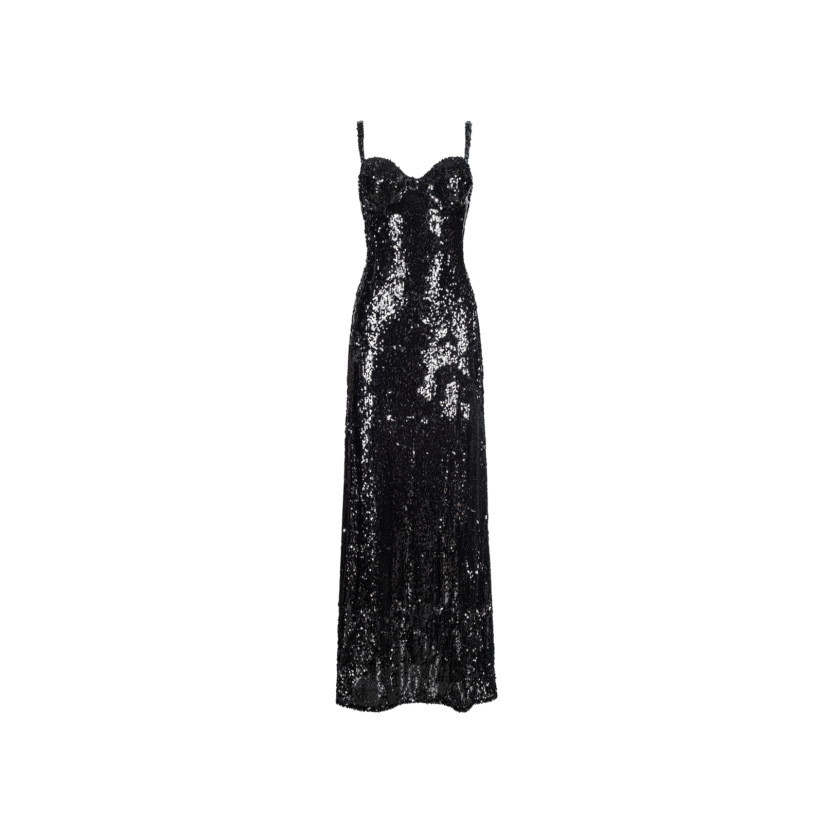 The Sayla Sequin Gown, a long black dress featuring thin shoulder straps and a fitted bodice, evokes vintage glamour with its shimmering sequined surface displayed elegantly against a plain white background.