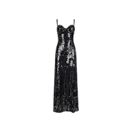 The Sayla Sequin Gown is a full-length black sequin dress featuring thin spaghetti straps and a fitted, corset-style bodice, exuding vintage glamour against a plain white background.