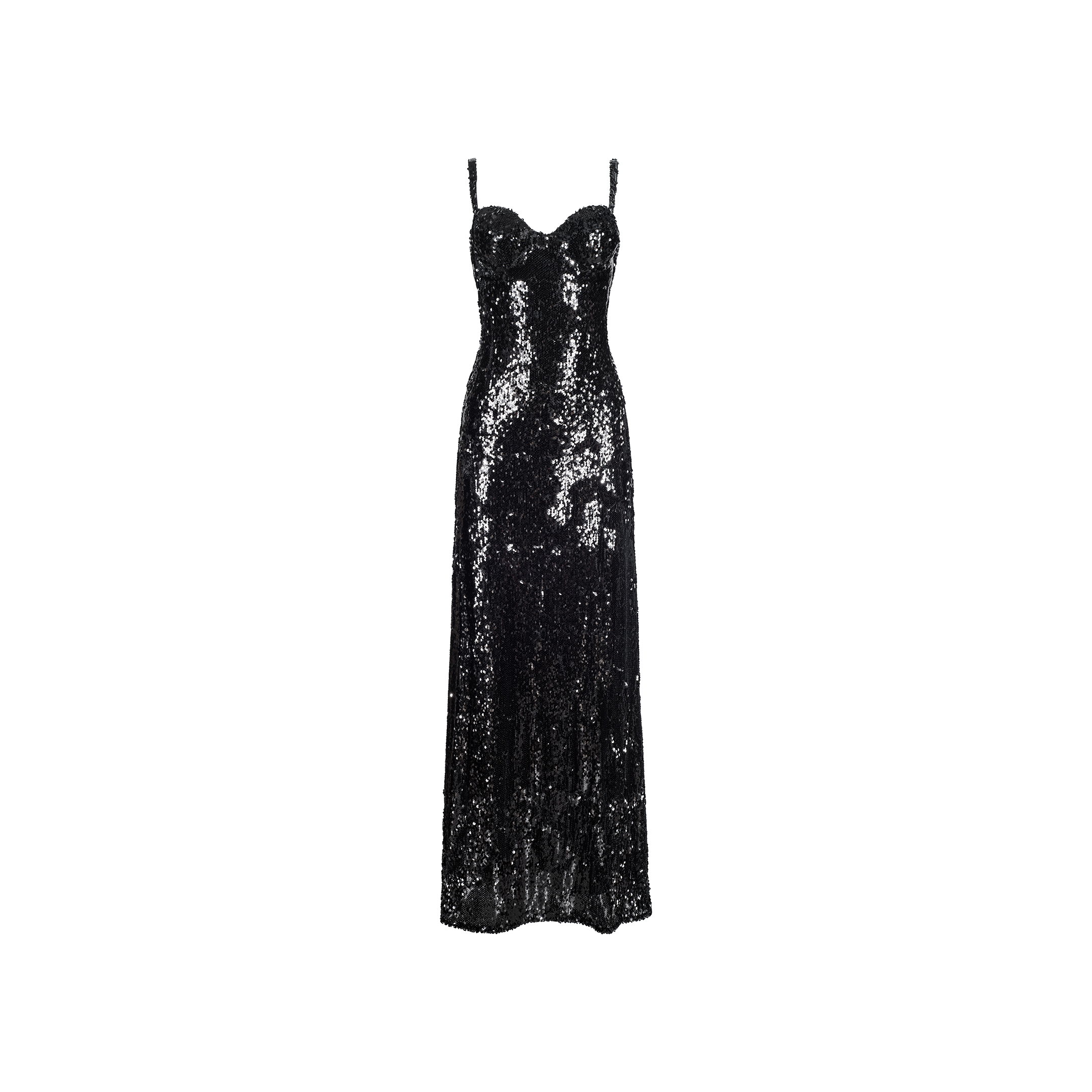 The Sayla Sequin Gown is a full-length black sequin dress featuring thin spaghetti straps and a fitted, corset-style bodice, exuding vintage glamour against a plain white background.
