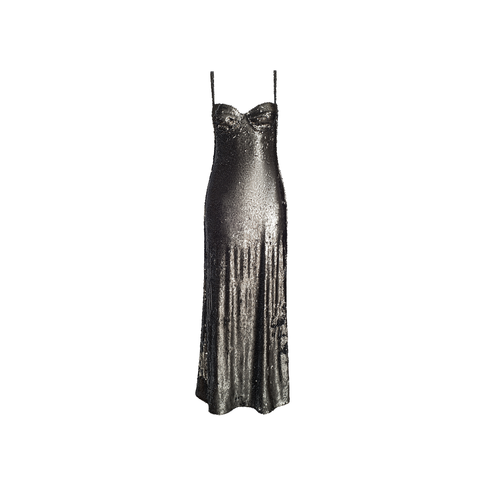 The Sayla Sequin Gown features sparkling silver sequins, delicate spaghetti straps, and a fitted bodice that evokes vintage glamour, shown against a plain white background.
