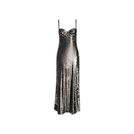 The Sayla Sequin Gown, a sleeveless slip dress featuring metallic silver sequins, thin spaghetti straps, and a fitted bodice that evokes vintage glamour, is displayed on a plain white background.