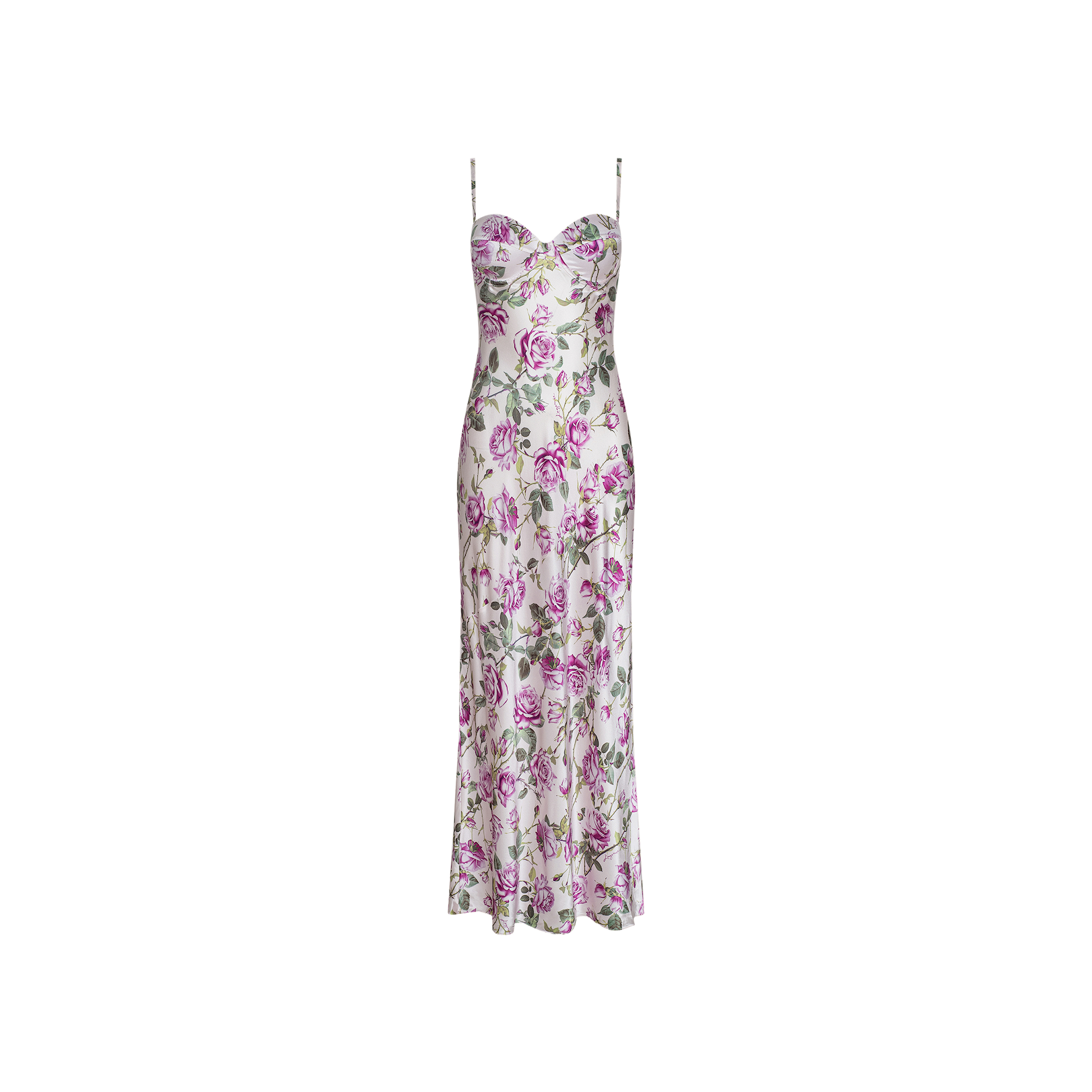 The Sayla Silk Gown is a sleeveless, ankle-length dress crafted from silk, featuring delicate spaghetti straps and a fitted bodice. Its white fabric is adorned with a pink and green rose and leaf pattern, bringing vintage glamour to the design.