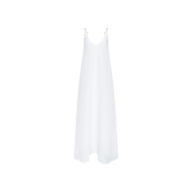 The Didi Maxi Dress is a sleeveless, long white maxi dress with a V-neckline and thin adjustable straps featuring metal ring details. Crafted from a linen blend, it is displayed on a plain white background.