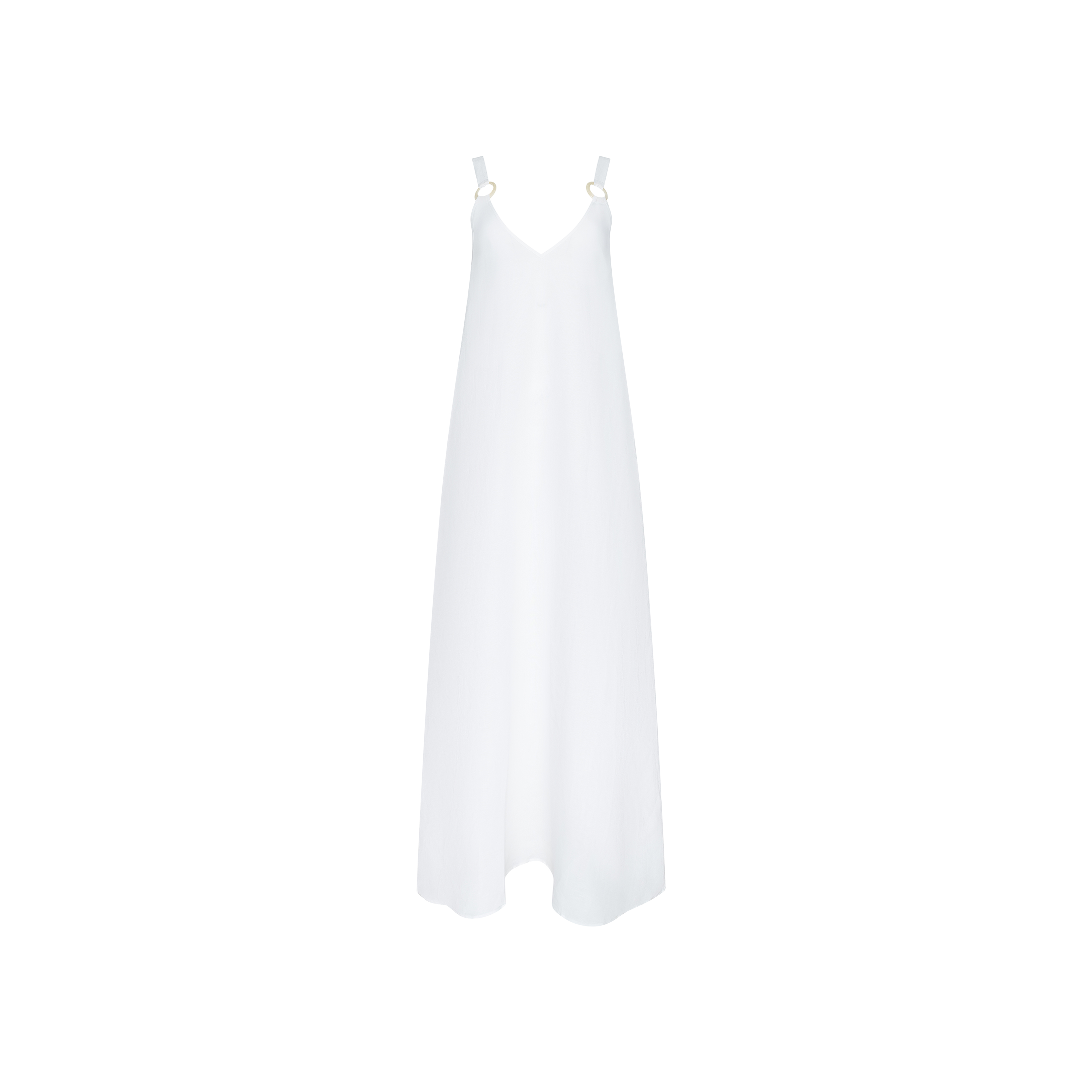 The Didi Maxi Dress is a sleeveless, long white maxi dress with a V-neckline and thin adjustable straps featuring metal ring details. Crafted from a linen blend, it is displayed on a plain white background.