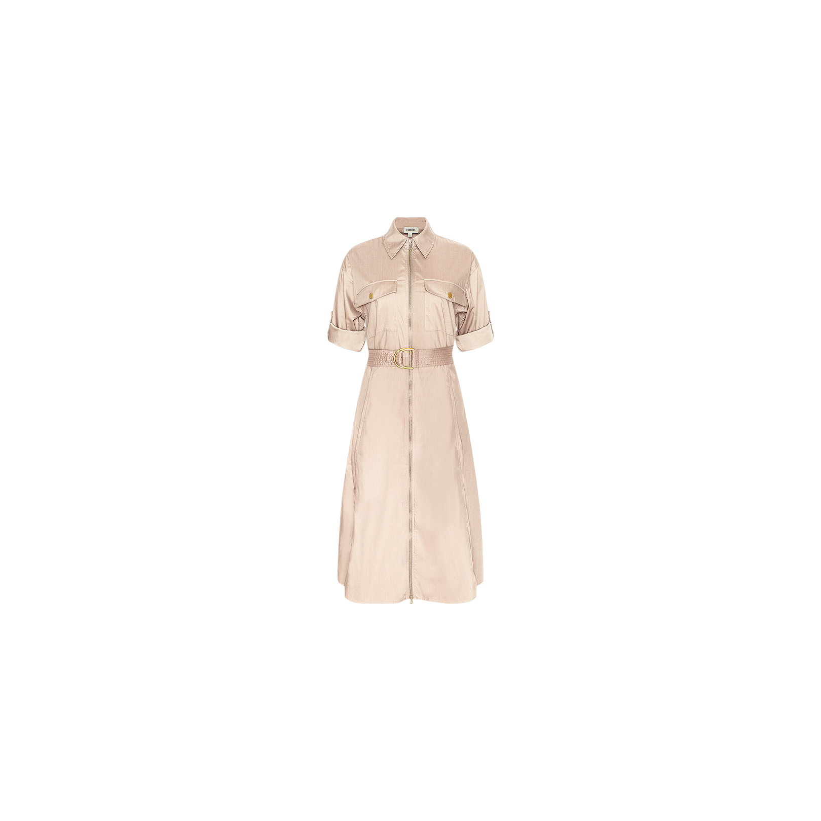 Callen Shirt Dress in beige, featuring a belt, short sleeves, button-down front, chest pockets, and a pointed collar, displayed on a plain white background.