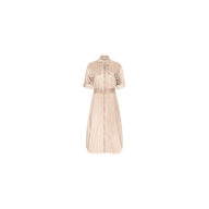 Callen Shirt Dress in beige, featuring a belt, short sleeves, button-down front, chest pockets, and a pointed collar, displayed on a plain white background.