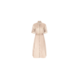 The Callen Shirt Dress is a beige, knee-length shirt dress crafted from cotton-blend poplin, featuring a matching belt, button-down front, short sleeves, and two chest pockets, displayed against a plain white background.