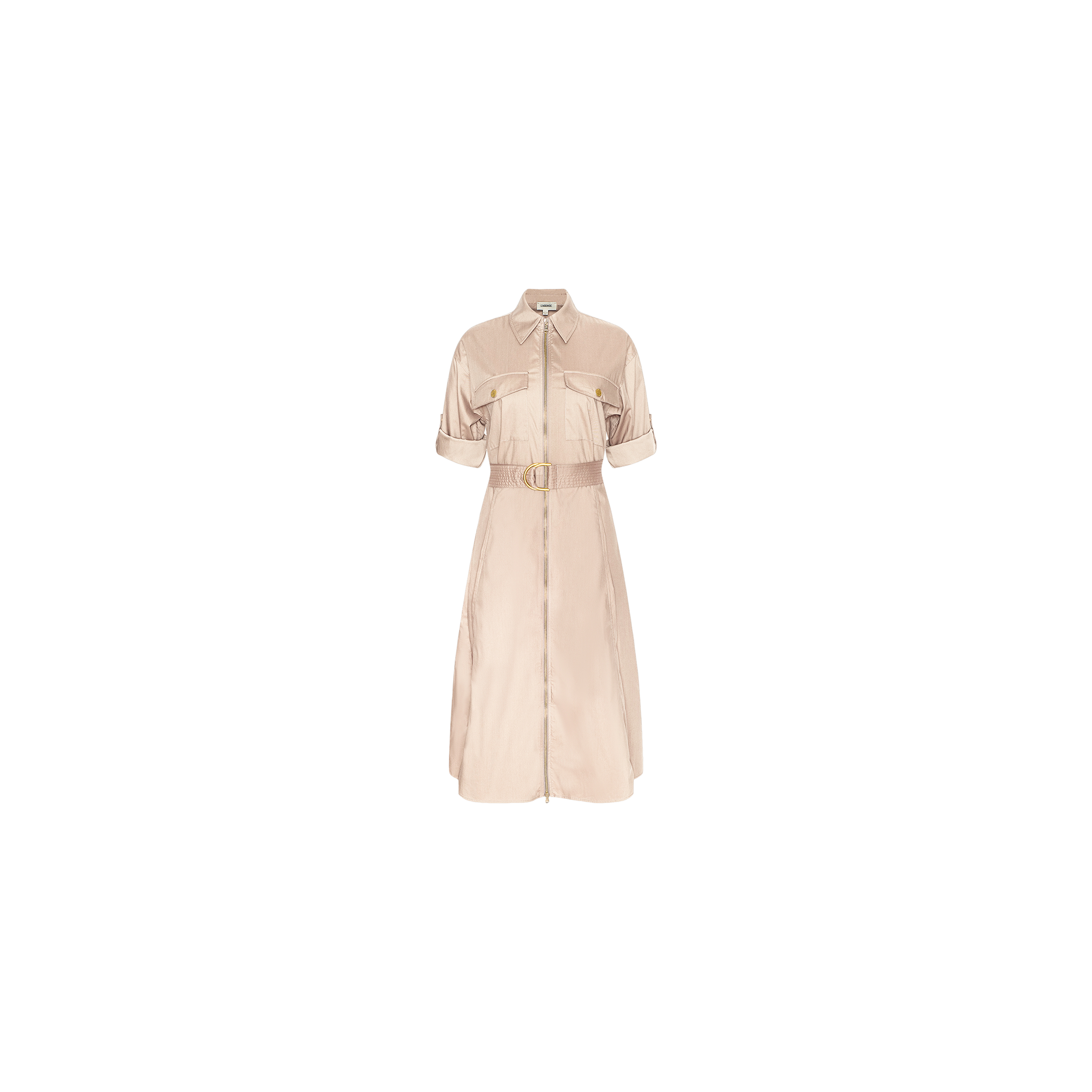 Callen Shirt Dress in beige, featuring a belt, short sleeves, button-down front, chest pockets, and a pointed collar, displayed on a plain white background.