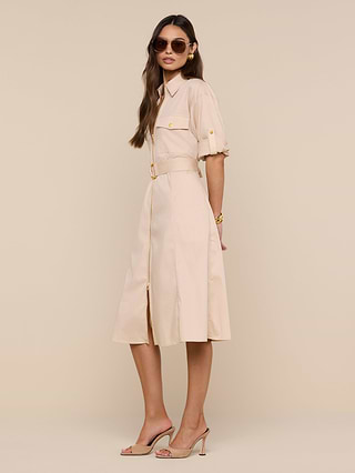 nude shirt dress Maysah Button-Up Knit Shirt Dress Nude Ivory