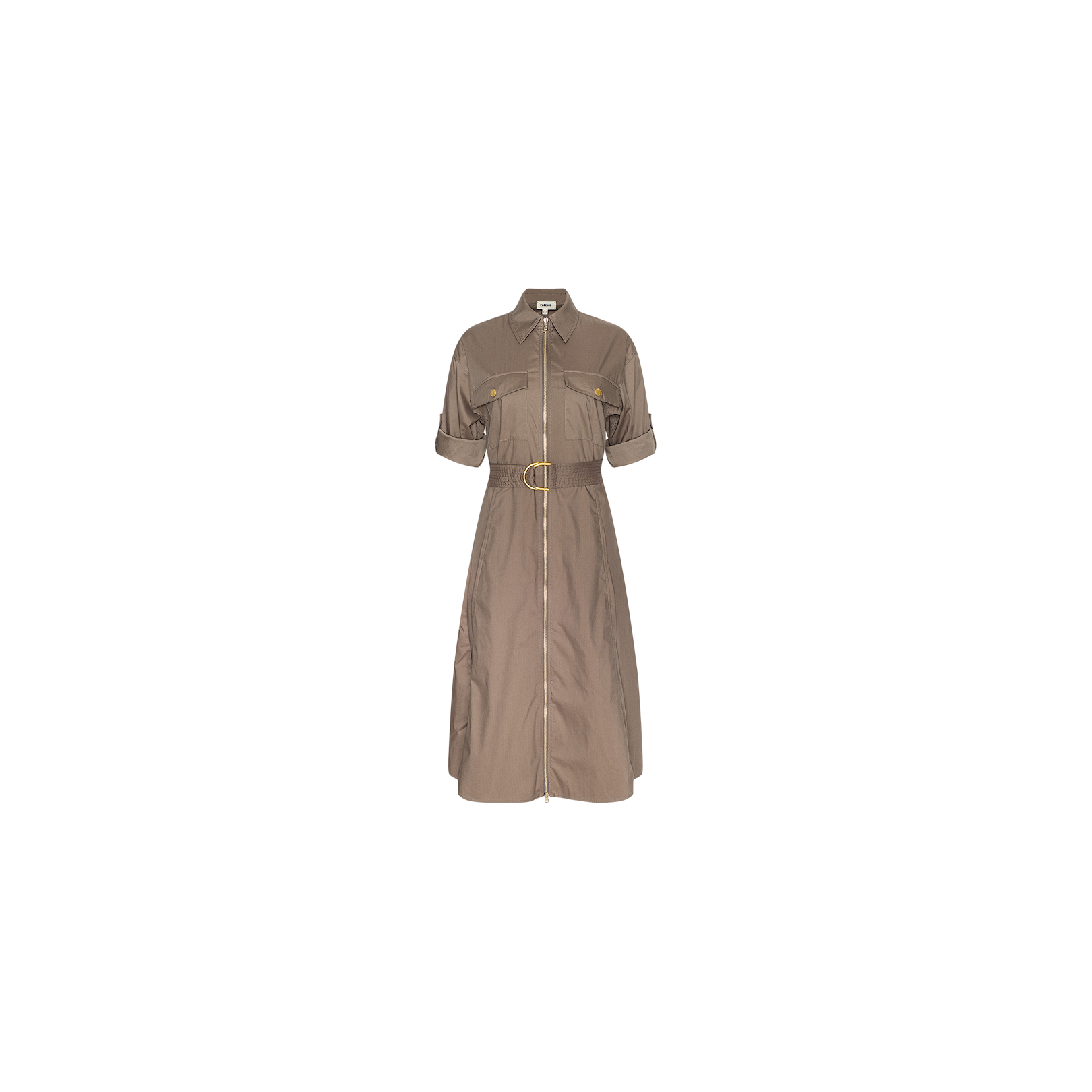 The Callen Shirt Dress is a taupe cotton-blend poplin shirt dress featuring short sleeves, two chest pockets, and a matching belt at the waist, shown against a plain white background.