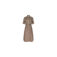 The Callen Shirt Dress is a taupe cotton-blend poplin shirt dress featuring short sleeves, two chest pockets, and a matching belt at the waist, shown against a plain white background.