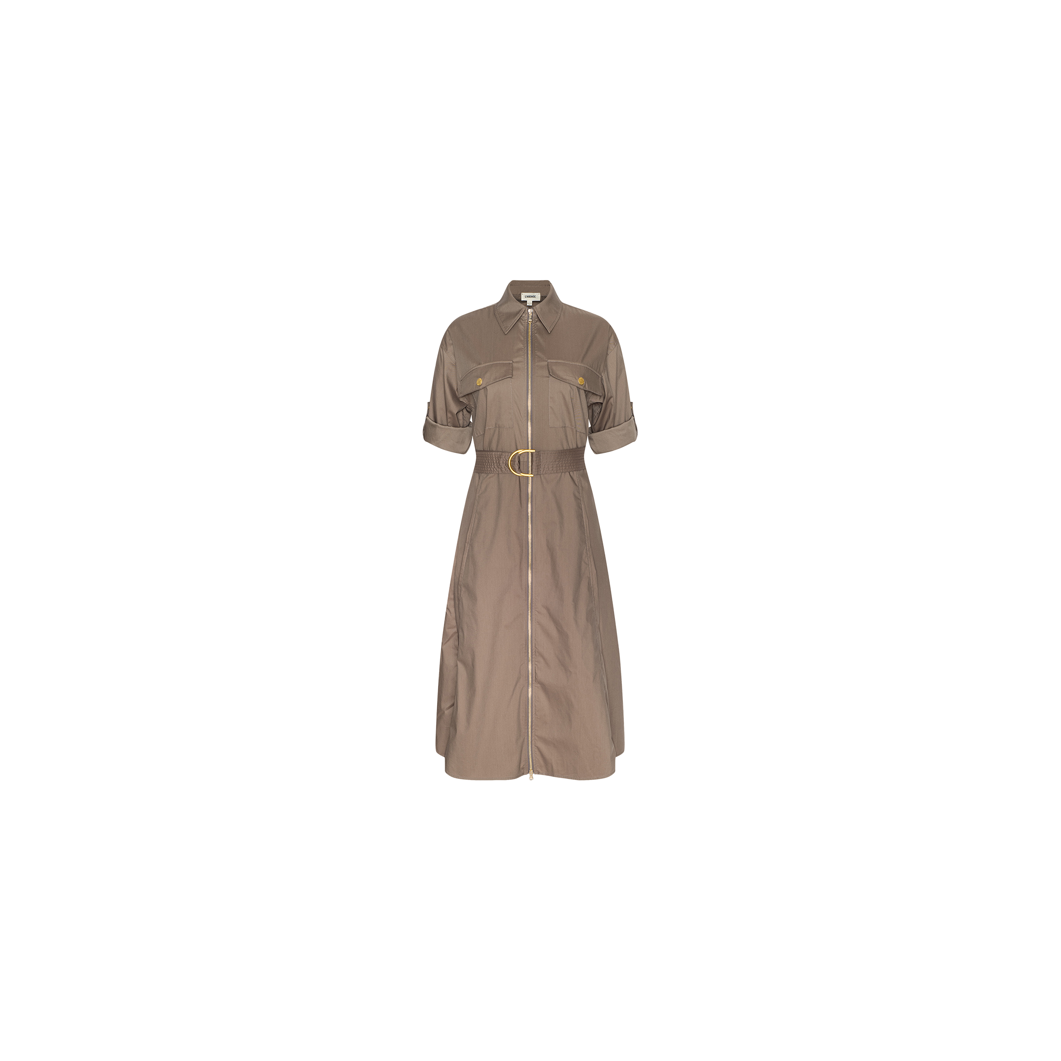 The Callen Shirt Dress is a taupe cotton-blend poplin shirt dress featuring short sleeves, two chest pockets, and a matching belt at the waist, shown against a plain white background.