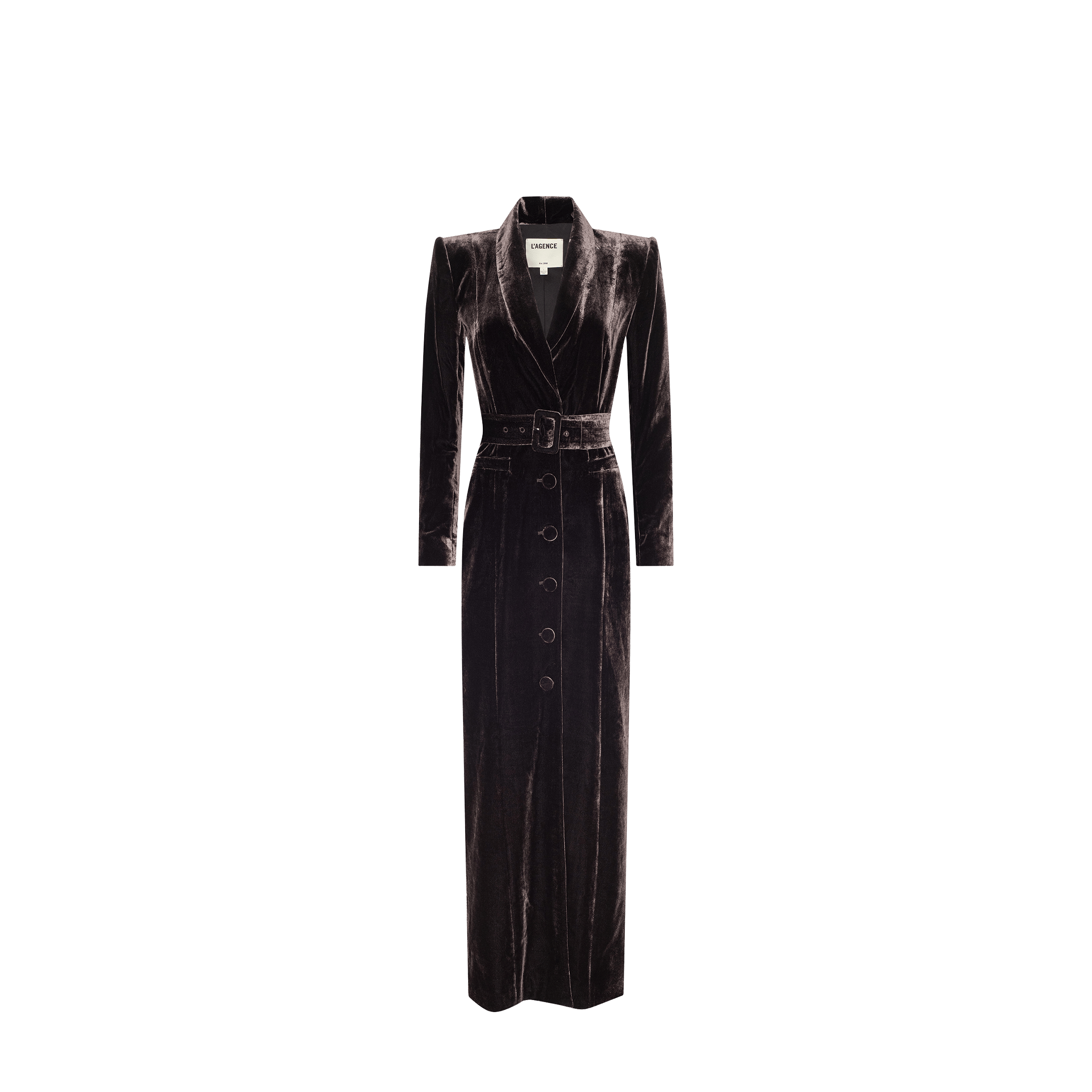 The Raini Velvet Maxi Dress, featuring a shawl collar, belted waist, button-down front, and long sleeves in a rich dark velvet fabric, is displayed on a white background.