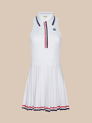 The Winny Polo Tennis Dress is a sleeveless white tennis dress made from performance fabric, showcasing a pleated skirt and accented with red and navy trim on the collar, placket, and hem. It features a small embroidered logo on the chest and is designed with moisture-wicking properties to keep you cool and comfortable on the court.