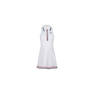 The Winny Polo Tennis Dress is a sleeveless white tennis dress featuring a pleated skirt, navy and red accents on the collar and placket, and matching trim at the hem. It includes a small logo on the chest and built-in shorts for added comfort and coverage.