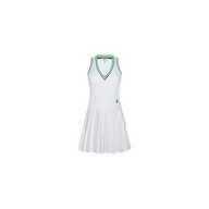 The Courtney Racerback Tennis Dress is a white sleeveless tennis dress with green trim along the V-neck and armholes. Designed from performance fabric for enhanced comfort, it features pleats on the skirt and a small emblem near the hem. The dress also includes a built-in bra and is shown against a plain white background.