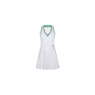 The Courtney Racerback Tennis Dress is a sleeveless white tennis dress with a V-neck and green trim on the collar and armholes. Crafted from performance fabric, this stylish dress features a pleated skirt and a small green logo on the left side near the waist. The dress is displayed on a plain white background.