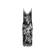 Victoire Silk Dress in a midi-length silhouette featuring a black and white magazine print with black lace trim at the neckline and hem.