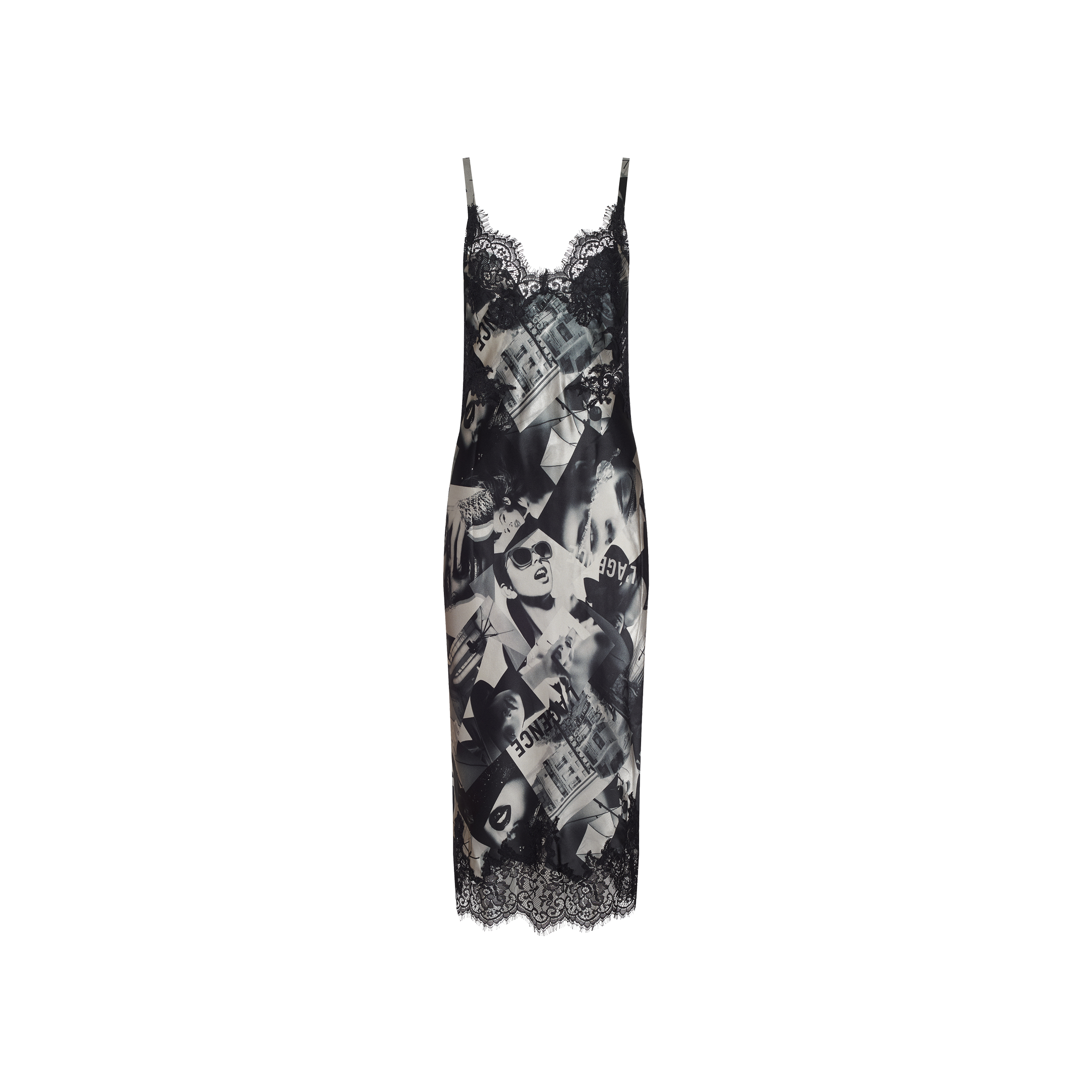 Victoire Silk Dress in a midi-length silhouette featuring a black and white magazine print with black lace trim at the neckline and hem.