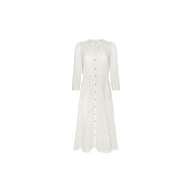 The Serafine Midi Dress, shown on a plain white background, is a white, long-sleeve midi dress featuring a v-neckline, button-down front, and a slightly gathered waist. Made from lightweight voile, this dress is perfect for warm weather.
