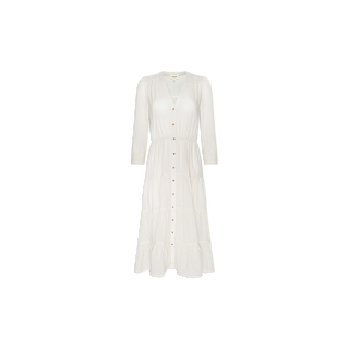 A Serafine Midi Dress in white, featuring long sleeves, a V-neckline, front button closure, and a tiered skirt crafted from lightweight voile—ideal as a summer dress—displayed on a plain white background.