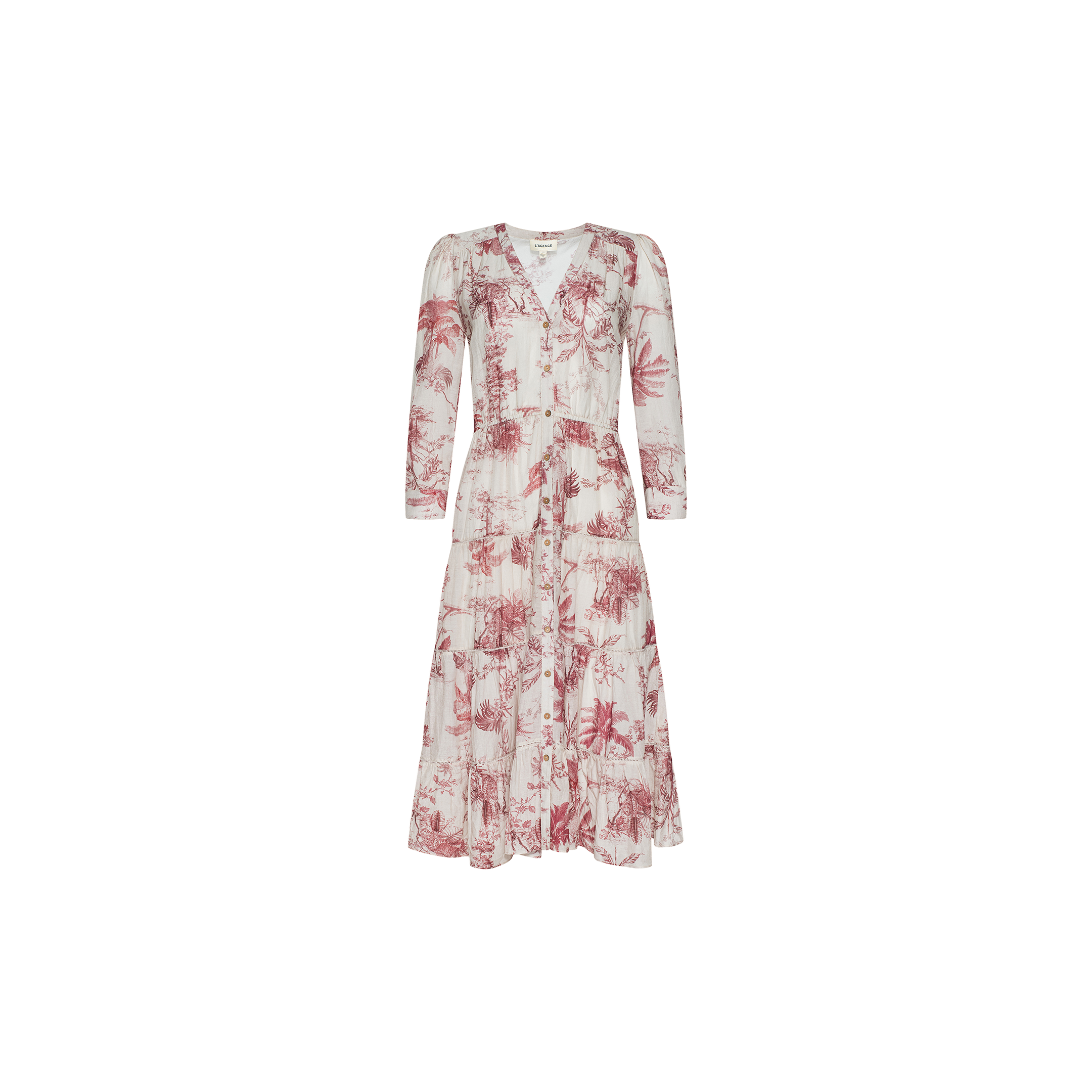 The Serafine Midi Dress is a long-sleeved, white midi dress adorned with a red floral and botanical print. Made from lightweight voile, it features a button-down front and V-neckline and is displayed against a plain white background.