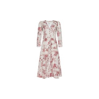 The Serafine Midi Dress features long sleeves, a V-neckline, and a button-down front. Crafted from lightweight voile, this white dress showcases a maroon botanical jungle print and is displayed on a plain white background.