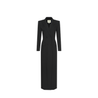 Vale Tuxedo Dress in a long-sleeved, double-breasted black midi length with a notched lapel in a structured suiting fabric.