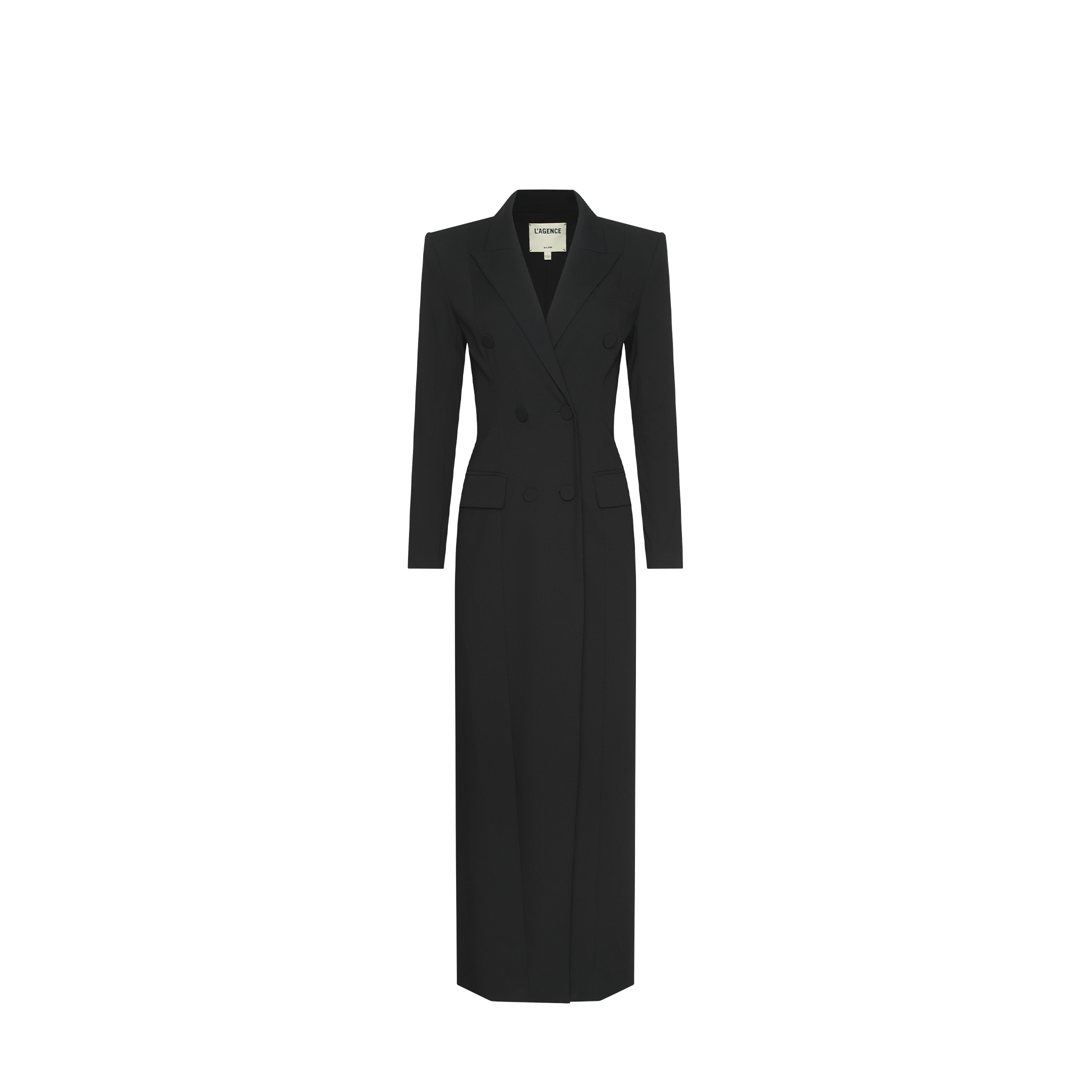 Vale Tuxedo Dress in a long-sleeved, double-breasted black midi length with a notched lapel in a structured suiting fabric.