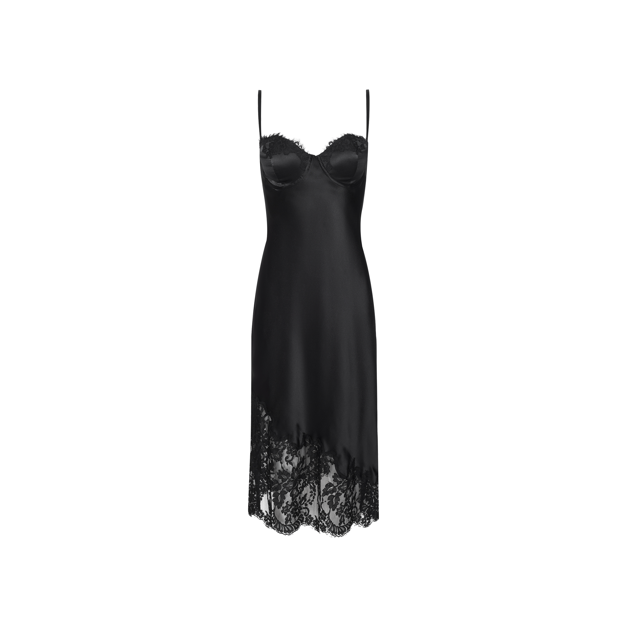 Adrienne Silk Lace Dress in black silk, featuring a midi-length slip silhouette, a lace-trimmed sweetheart neckline with a built-in underwire bra, and an asymmetrical lace hem.