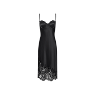 Adrienne Silk Lace Dress in black silk, featuring a midi-length slip silhouette, a lace-trimmed sweetheart neckline with a built-in underwire bra, and an asymmetrical lace hem.