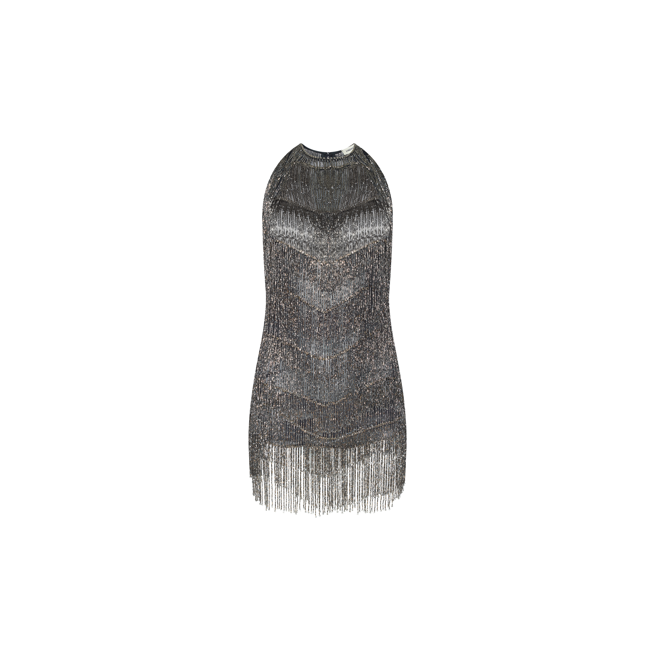 Niobe Fringe Dress: a sleeveless halter mini dress covered in layers of metallic beaded fringe.