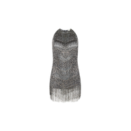 Niobe Fringe Dress: a sleeveless halter mini dress covered in layers of metallic beaded fringe.
