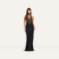 The Yuan Embellished Gown is a floor-length black satin maxi dress featuring a high, crystal-embellished, multi-layered beaded necklace collar draped over the chest.