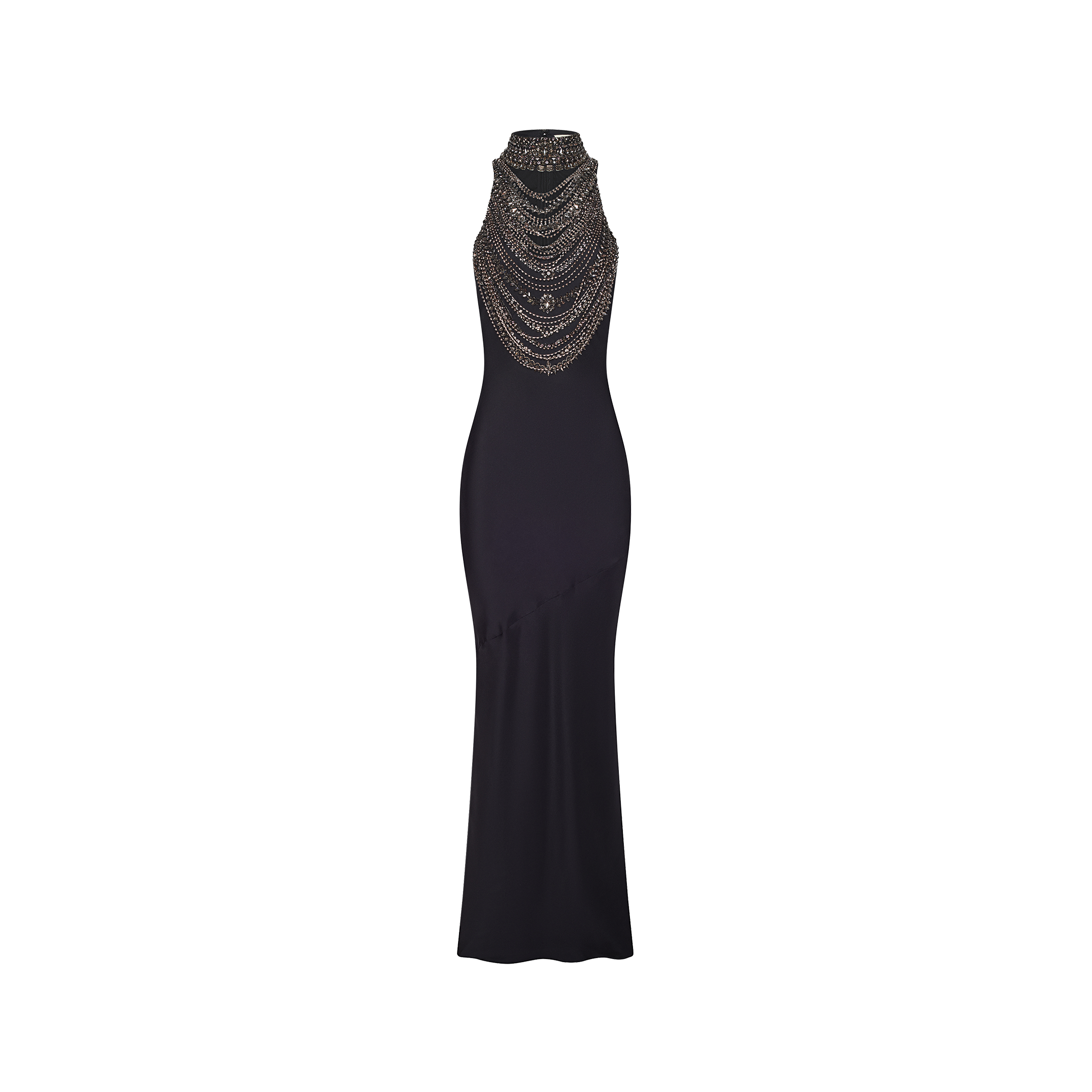 Yuan Embellished Gown, a black satin maxi dress featuring a high halter neckline and layers of dark metallic beaded fringe.