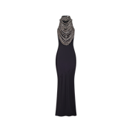 Yuan Embellished Gown, a black satin maxi dress featuring a high halter neckline and layers of dark metallic beaded fringe.