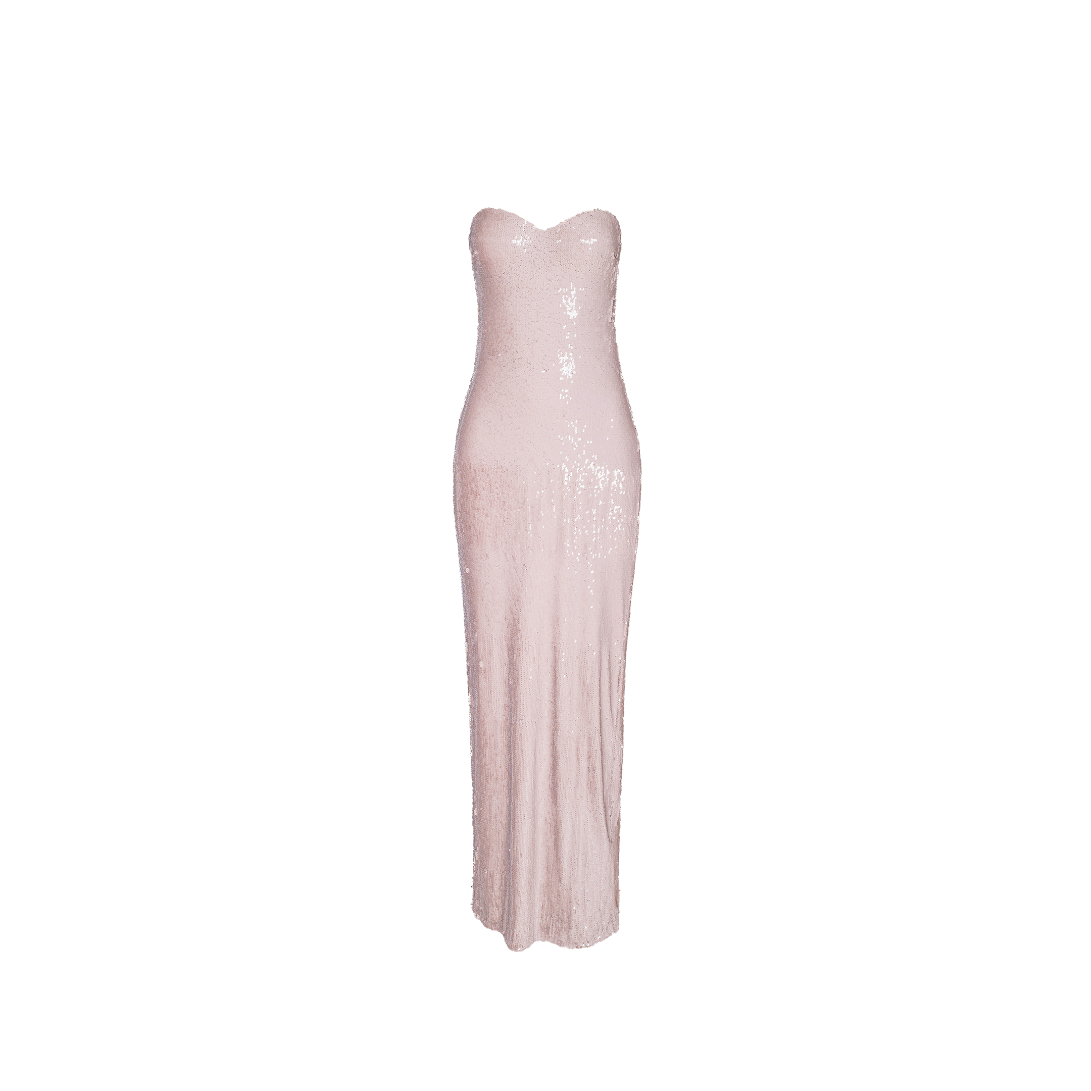 The Zalea Sequin Gown: strapless, floor-length, pale pink dress with sequins and a fitted silhouette—ideal for Spring 2027 or Paris Fashion Week. Shown on a plain white background.