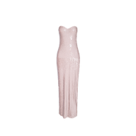 The Zalea Sequin Gown: strapless, floor-length, pale pink dress with sequins and a fitted silhouette—ideal for Spring 2027 or Paris Fashion Week. Shown on a plain white background.