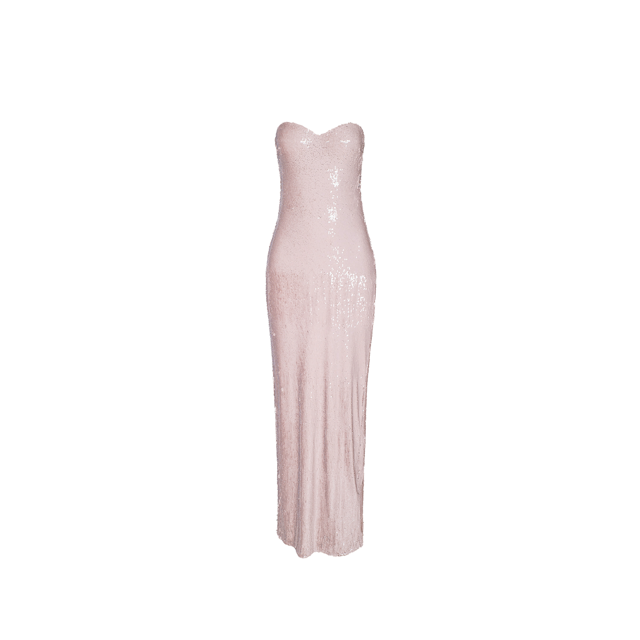 The Zalea Sequin Gown: strapless, floor-length, pale pink dress with sequins and a fitted silhouette—ideal for Spring 2027 or Paris Fashion Week. Shown on a plain white background.