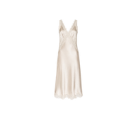 The Palorie Silk Lace Dress features an ivory satin finish, lace trim on the neckline and hem, thin straps, and a subtly flared silhouette—ideal for a Spring 2027 fashion presentation.